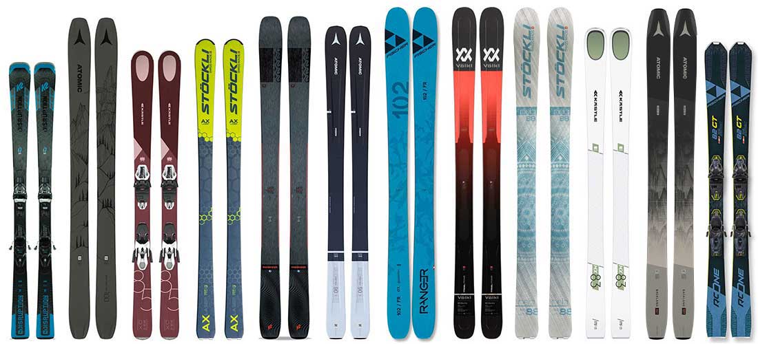 A variety of ski models from Kastle, Stockli, Fischer, K2, Volkl, and Atomic.